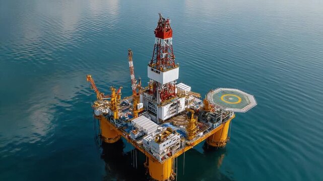 Offshore Oil Rig in Calm Sea: A massive oil drilling platform stands tall in the tranquil blue ocean, symbolizing industrial power and resource extraction.