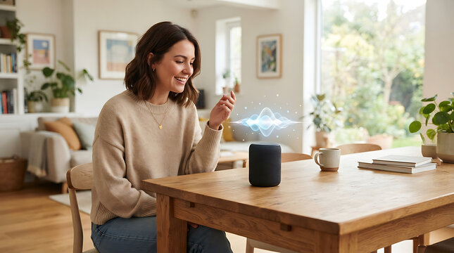 Happy young woman interacting with a smart speaker voice assistant in a cozy living room