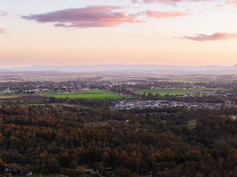 dusk aerial landscape view towards town of Singleton from rural-residential outer suburb