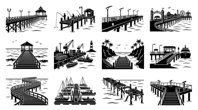 Minimalist vector illustration of a long wooden pier extending into a calm blue ocean under a bright sky. A scenic coastal landscape showing perspective and peaceful maritime atmosphere.