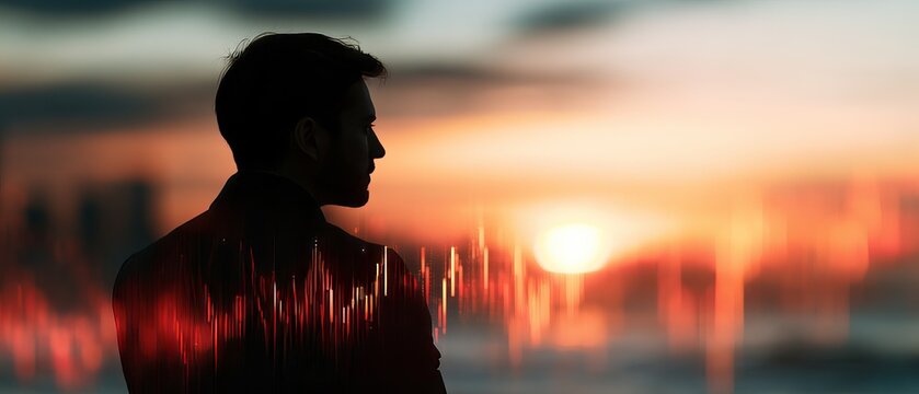 Silhouette of man with stock market graph at sunset