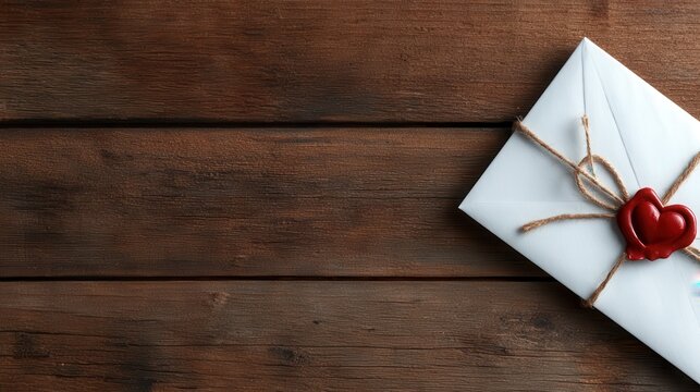 A charming white envelope decorated with a heart-shaped red wax seal laid upon a textured wooden background, evoking feelings of love, intimacy, and traditional handwritten communication.