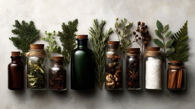 An aesthetically arranged collection of glass bottles filled with various herbs and natural ingredients, symbolizing wellness, nature, and holistic health in a creative display.