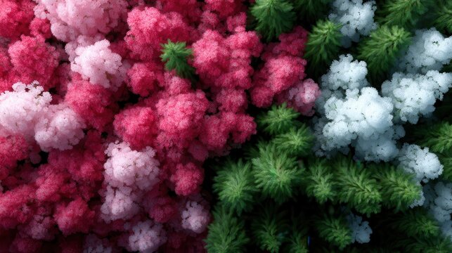 An abstract representation showcasing vibrant pink, green, and white cloud-like floral forms, creating an emotional and engaging visual experience that resonates with joy and inspiration.
