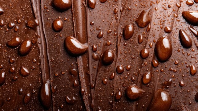 This enticing image showcases a smooth chocolate surface adorned with beads of moisture, highlighting its richness and inviting texture that tempts the viewer's senses.
