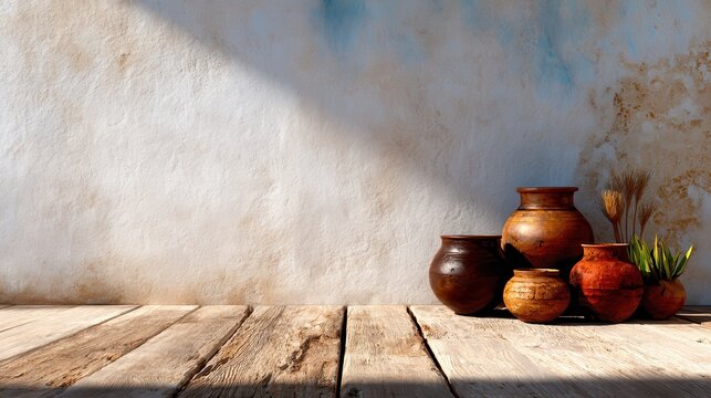 This rustic image captures a collection of clay pots in various sizes on a wooden floor, emphasizing their textures along with the play of shadows and light for added depth.