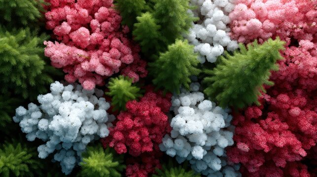 An aerial view of a vibrant arrangement of colorful flowers and lush greenery, showcasing the beauty of flora and its lively appeal to nature enthusiasts and decorators.