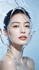 Woman beauty portrait with blue water droplets and transparent liquid