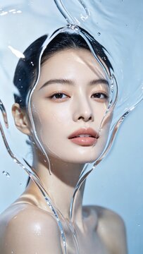 Woman beauty portrait with blue water droplets and transparent liquid