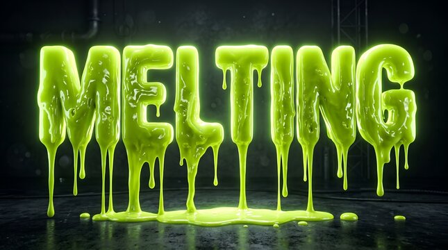 Melting neon green slime text, glowing radioactive toxic liquid letters, vibrant 3d typography dripping on dark industrial background