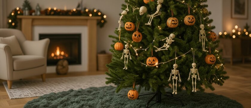 Decorated Christmas tree inside a cozy living room elegantly showcased