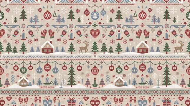 A seamless Scandinavian Christmas pattern featuring minimalist fir trees, snowflakes, reindeer, stars, Christmas ornaments, snow-covered cabins, knitted mittens, hearts, candles, and wrapped presents.