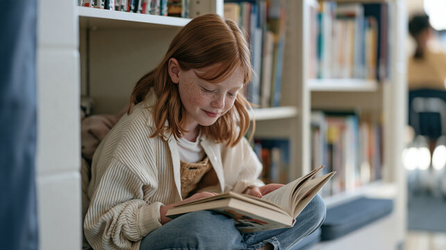 Redhead girl with freckles sitting alone at a school reading nook built into a wall, knees tucked up, absorbed in a thick novel, cozy corner literacy environment, independent