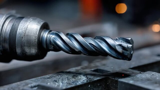Close-up of a Metal Drill Bit: A sharp, metallic drill bit with a spiral fluted design, ready for precision work, set against a blurred industrial background.