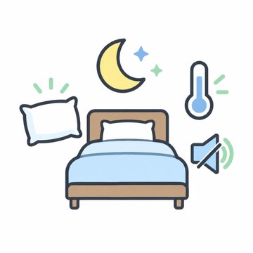 Neat bed surrounded by symbols of night, pillow comfort, temperature and silence, elements of good sleep quality concept