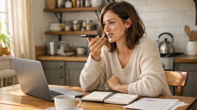 Remote working woman talking on smartphone loudspeaker while typing on laptop at home kitchen