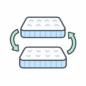 Rotating and flipping a mattress shown with curved arrows, regular mattress care and maintenance routine concept