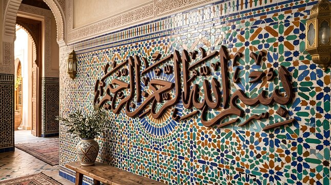 Moroccan zellige tile wall with Arabic calligraphy, traditional Islamic interior design, ornate mosaic pattern in riad hallway