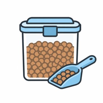 Airtight pet food storage container filled with kibble beside a plastic scoop, keeping dry food fresh and organised concept