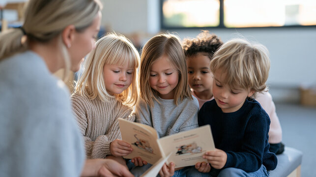 A kindergarten reading group with four students and a teaching assistant gathered on a low bench, each child holding an identical early reader booklet, guided reading group