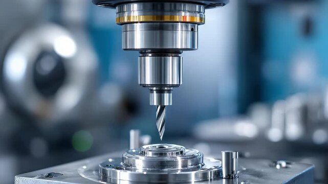Precision Machining: A close-up view showcases a high-precision CNC milling machine's drill bit poised to work on a metal component, highlighting advanced manufacturing and industrial craftsmanship.