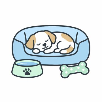 Puppy sleeping peacefully in a soft blue pet bed beside a water bowl and a bone shaped toy, cosy pet corner concept