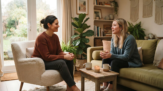 Two happy female friends having a deep conversation and drinking tea in a cozy home living room environment
