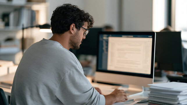 A blind employee uses screen reader software at a vehicle detailing business desk sweat visible on the brow after a long shift over the shoulder view of the accessibility