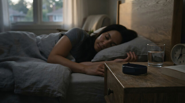 Young woman sleeping peacefully in her comfortable bed in the morning with a fitness tracker on the nightstand