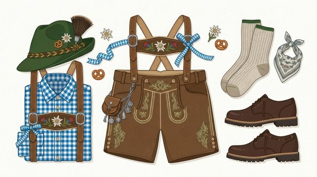 A traditional Bavarian outfit with a hat, suspenders, shirt, socks, and shoes.