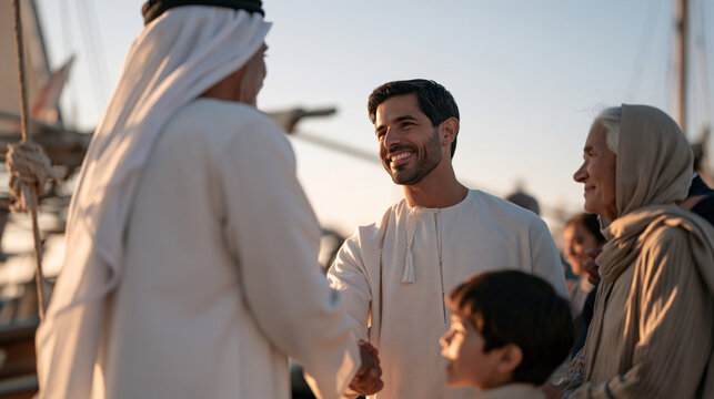 Pearl diver handing off to the next shift at golden hour on a dhow vessel, a small detail of a worn rope knot easy to miss in the background, a multigenerational family on the
