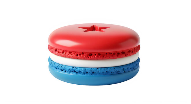 Patriotic macaron cookie with red white and blue layers and gold star for festive treat.