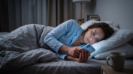 Fototapeta premium Woman lying awake in bed at night illuminated by smartphone glow showing insomnia and social media addiction