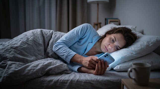 Woman lying awake in bed at night illuminated by smartphone glow showing insomnia and social media addiction