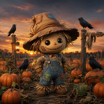 Cute scarecrow standing in a pumpkin patch at sunset with crows around him