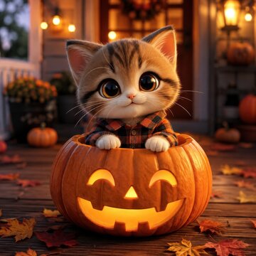 Cute kitten in a carved pumpkin for Halloween, surrounded by autumn leaves
