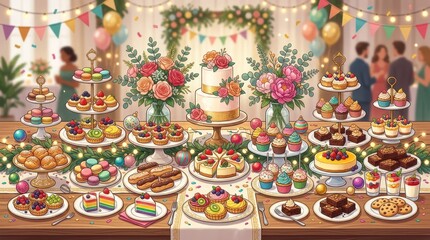Obraz premium A colorful, festive dessert table with a variety of pastries, cakes, and sweets, adorned with flowers and decorations, set against a festive background with flags and lights.