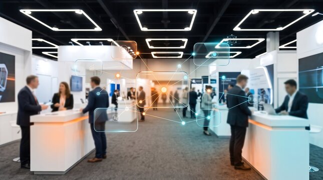 Business professionals at trade show booth using augmented reality interface for network connection and corporate data visualization