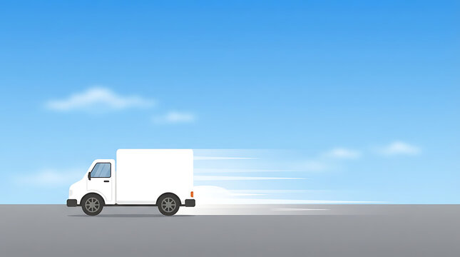 White delivery van speeds across road with motion blur effect under blue sky with clouds.
