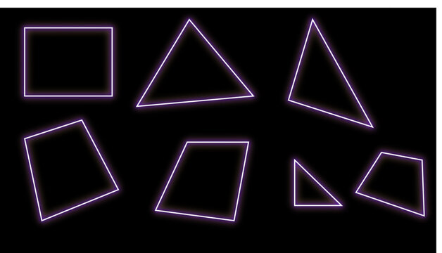 Neon glowing triangle and geometric shapes set for futuristic design elements or graphic user interface vibrant light frames.