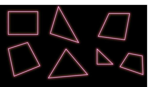 Neon glowing triangle and geometric shapes set for futuristic design elements or graphic user interface vibrant light frames.