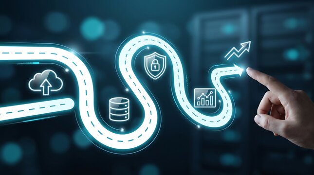 Professional hand interacting with glowing digital roadmap interface showing cloud and data analytics icons for strategic business growth and secure digital infrastructure management