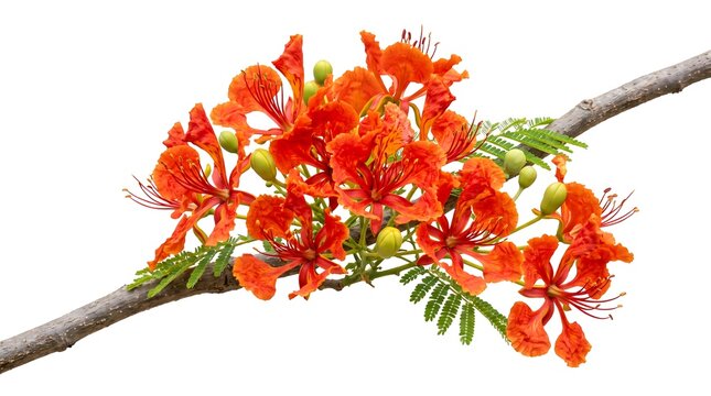 Royal poinciana flowers with green leaves isolated on white background