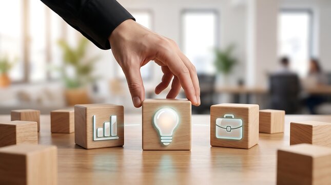 Professional hand selecting bright glowing lightbulb wooden cube icon representing innovative business strategy solution and creative development concept on modern office desk surface