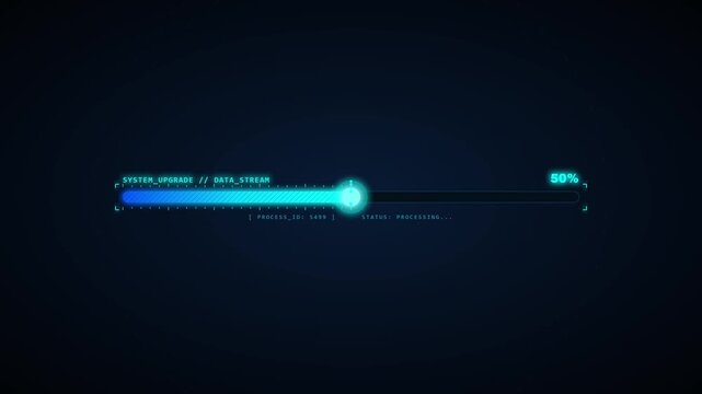 Futuristic digital progress bar showing system upgrade and data stream processing with cyan glowing light and percentage counter on dark background for software interface concepts.