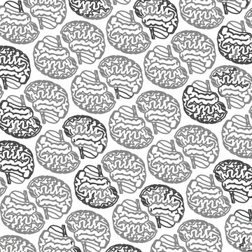 Seamless vector pattern with brain image, hand drawn grayscale illustration.