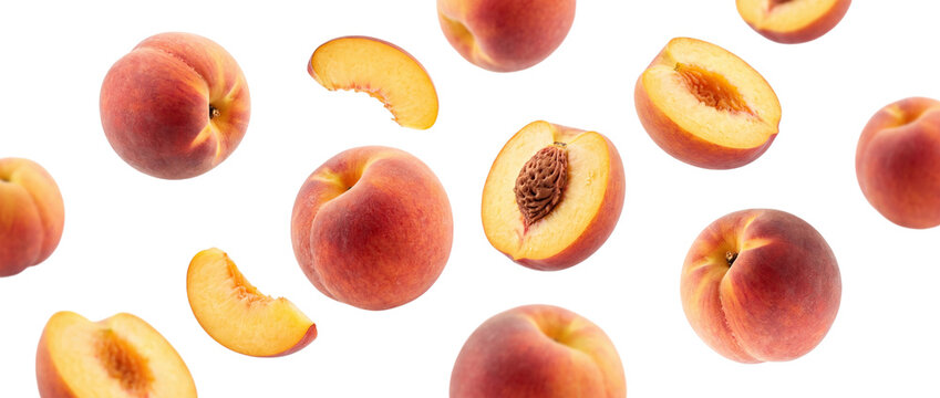 Falling peaches isolated on transparent background