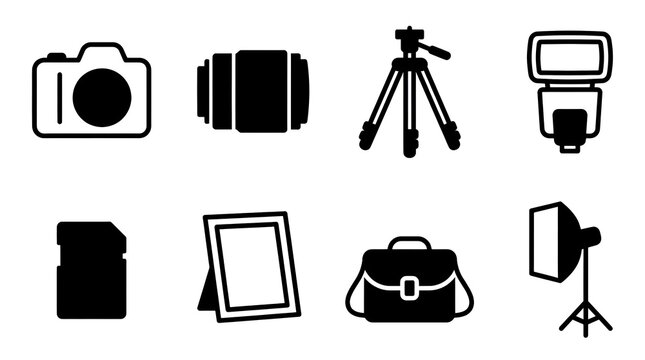 Photography Equipment DSLR Camera Camera Lens Tripod Speedlight Flash SD Card Photo Frame Camera Bag and Softbox Studio Light Vector Silhouette Icon Set
