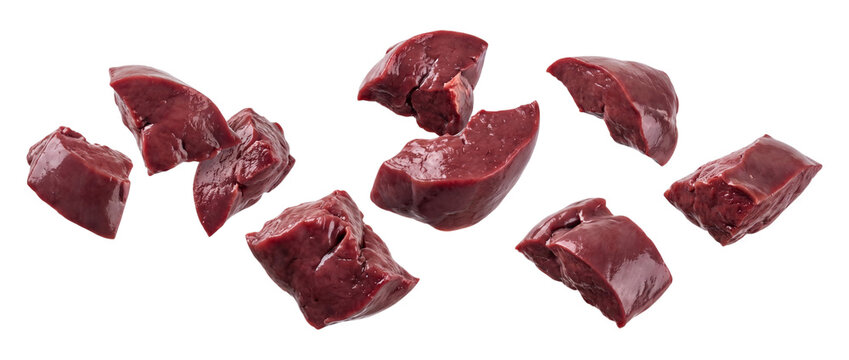 Falling raw liver pieces isolated on transparent background
