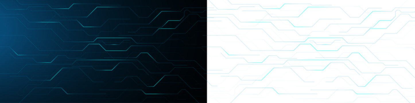 Futuristic circuit board background set, digital technology line art pattern, blue and white electronic network vector banners